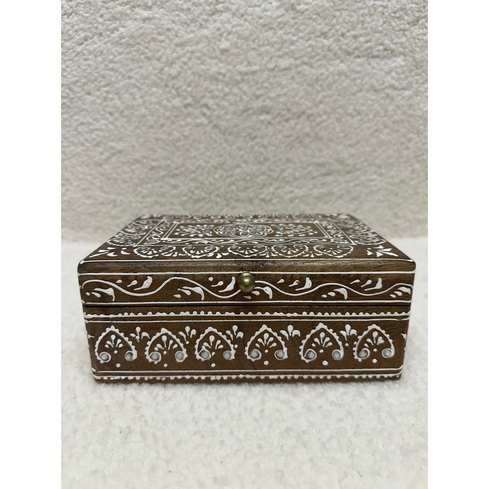 Hand Painted Wooden Jewelry Trinket‎ Box Brown White Floral Mirror Inlay